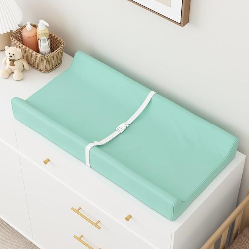 Wipeable Baby Changing Pad for Dresser and Table, Cozy Diaper Changing Pad with Waterproof & Wipe-Clean Leather Cover, Green