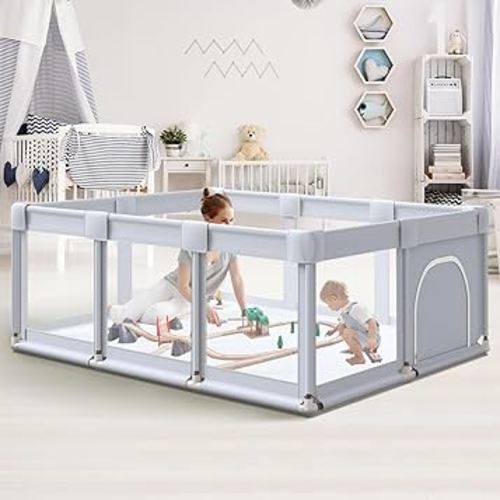 Baby Playpen 74"x50" Play Pens for Babies and Toddlers, Large Play Yards for Indoor & Outdoor with Zipper Gates, Breathable Mesh with Anti-Slip Base