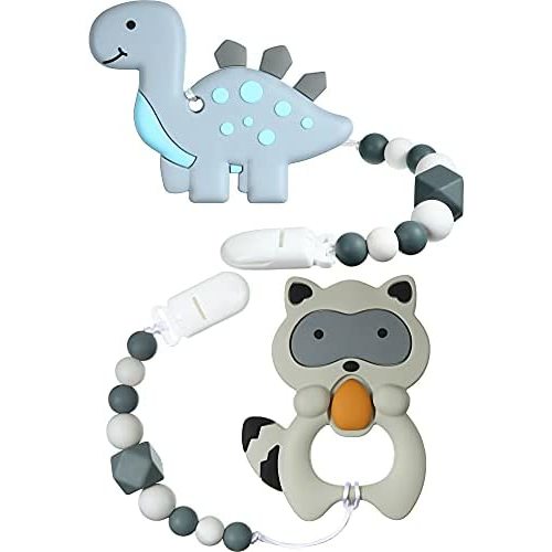 2 Pieces Baby Teething Toys Silicone Teether Chew Toy with Pacifier Clip for Babies 3-12 Months Boy Girl Baby Shower Freezer Safe Teething Stuff (Raccoon, Dinosaur)