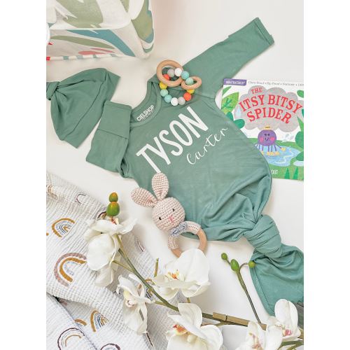 Made in USA | Personalized Knotted Baby Gown With Hat | Newborn Coming Home Set | Infant Sleeper First Outfit | Bamboo Newborn One Piece