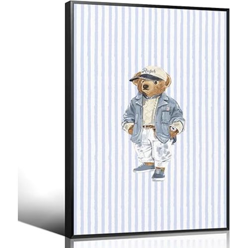 Leetideful Nautical Bear Canvas Wall Art, Trendy Blue Coastal Poster, Cute Animal Bear Picture Wall Decor, Summer Beach Print Painting for Teen Boys Dorm Bedroom Bathroom 8x12in Unframed