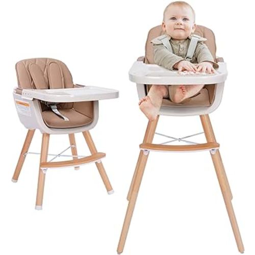 3-in-1 Convertible Wooden High Chair,Baby High Chair with Adjustable Legs & Dishwasher Safe Tray, Made of Sleek Hardwood & Premium Leatherette, Brown Color