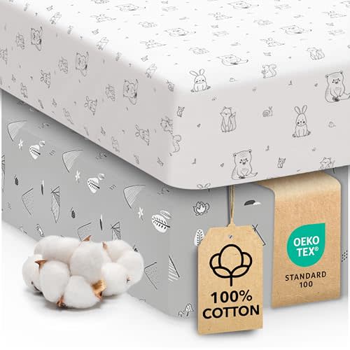 Sweety Fox 2-Pack Crib Sheets - Soft Cotton Jersey Fitted Sheets for Boys and Girls, Mini Crib Sheets, Toddler Bed Sheets (Woodland)