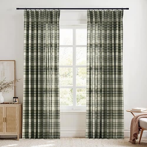 TWOPAGES Pinch Pleat Plaid Curtain 108 Inch Long Light Filtering Privacy Drape Linen Textured Tartan Curtain for Living Room Bedroom (Latte, 26W x 108L Inches, 1 Panel)