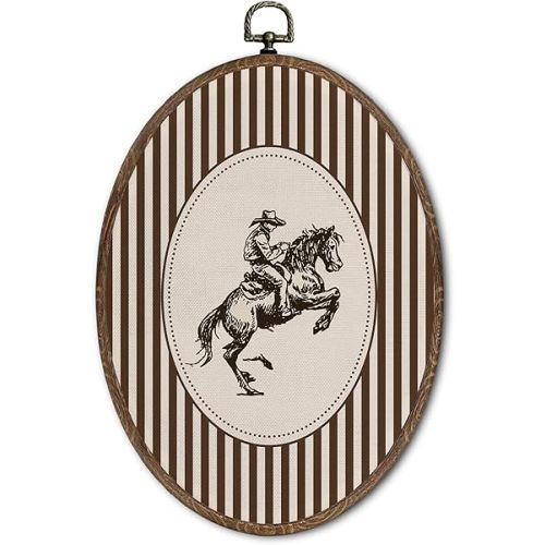 FLAWAFLOMA Vintage Cowboy Oval Wall Art Decor, Kids Room Canvas Wall Art Framed, Western Rodeo Rider Horse Hanging Decorations for Kids Toddler Boy Nursery Room Bedroom Playroom Decor, 8.6x11.4 Inch