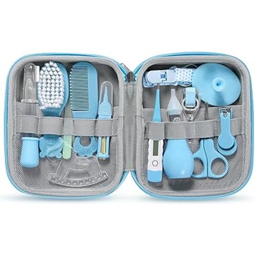 Baby Grooming Kit, 14 in 1 Portable Baby Safety Care Set with Hair Brush Comb Nail Clipper Nasal Aspirator etc for Nursery Newborn Infant Girl Boys Keep Clean (Blue)