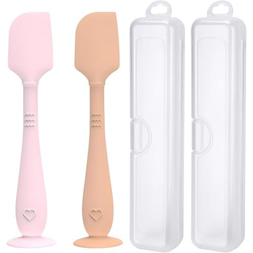 2 Pack Diaper Cream Spatula with Hygienic Travel Case, Butt Spatula Baby with Suction Base, Baby Butt Paste Spatula, Soft Silicone Diaper Rash Cream Applicator Large Size (Pink & Brown)