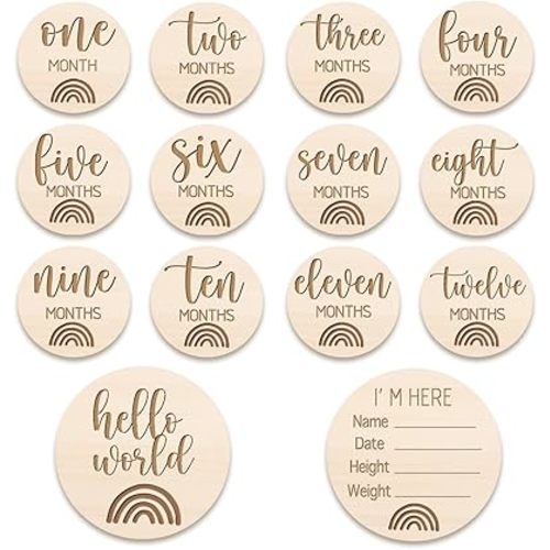 Baby Monthly Sign, Wooden Baby Announcement Sign, Baby Monthly Milestone, Monthly Milestone Card for Baby Girl or boy, Rainbow Milestone Markers, Milestone Discs