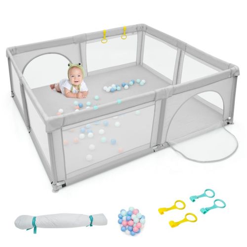 Costway Baby Playpen Infant Large Safety Play Center Yard w/ 50 Ocean Balls Grey\Colorful\Blue, Color: Gray