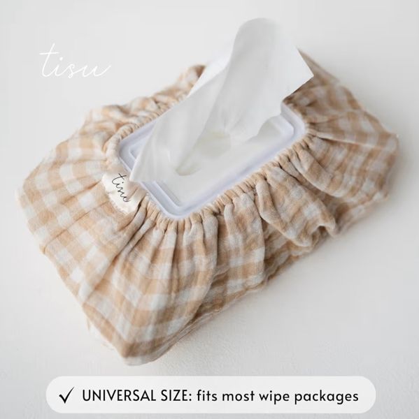 Baby Wipes Cover – Universal Size, One Size Fits All Wipes Packages | Muslin Cotton Tissue Cover for Nursery, Diaper Bag & Changing Table, Station | Gingham & Neutral Patterns (Beige Gingham)