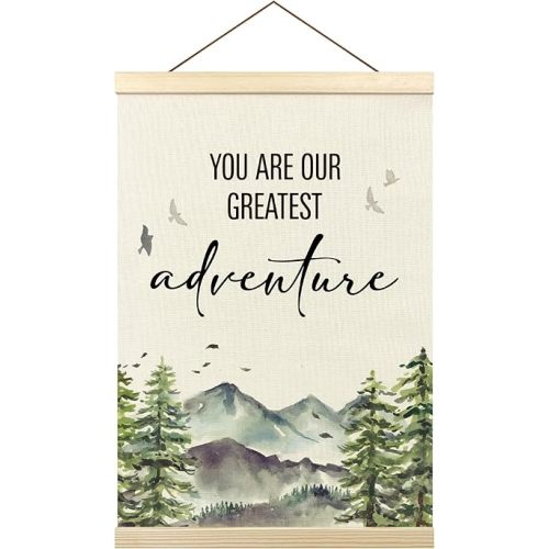 Tzhim Woodland Nursery Decor, You Are Our Greatest Adventure Poster Hanger Frame, Woodland Wall Hanging Decor for Kids Baby Boys Room Nursery, Forest Mountain Wall Art Prints with Wood Frames,12x16in