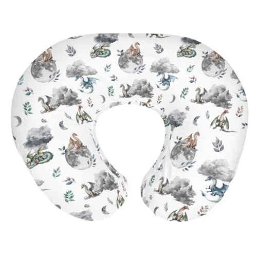 Watercolor Dragons Baby Nursing Pillow Covers for Boy Girl Fairytale Dragon Wings Leaves Nursing Slipcovers for Breastfeeding Pillows Dragon Moon Cloud Soft Stretchy Removable Cover for Newborn Infant