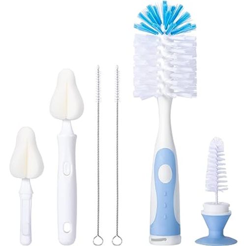 Baby Bottle Brush Set with Nipple Cleaner and Suction, 10.2" Cleaning Brush and 6.5" Sponge Bottle Brush with A Replacement Brush Head and Two 6.7" Straw Brushes, Pack of 5 (Blue)