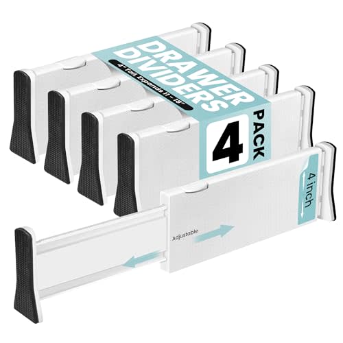 RAPTUROUS Adjustable Drawer Dividers 4 Pack, 4” High, 11-17” Long, Dresser Drawer Divider for Bedroom, Closet, Kitchen, Nursery Organization, Office, Strong & Sturdy Hold, Soft Foam Edges（White）