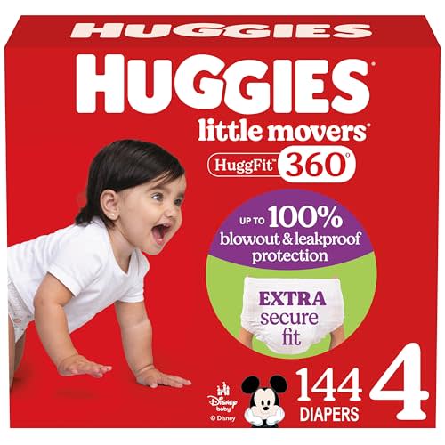 Huggies Size 4 Baby Diapers, Little Movers HuggFit 360° Baby Diapers with 360° Waistband, Size 4 (22-37 lbs), 144 Count (4 Packs of 36), Packaging May Vary