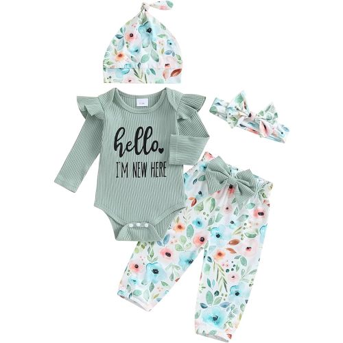Twopumpkin Newborn Baby Girl Clothes Outfits Rib Knit Bodysuit Romper Floral Pants Headband Hat Coming Home Outfit