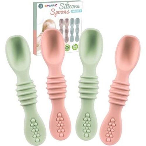 Silicone Baby Spoons For Baby Led Weaning 4-pack, First Stage Baby Feeding Spoon Set Gum Friendly Bpa Free (rose Quartz/lite Green)