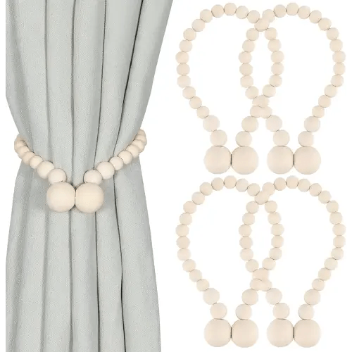 Magnetic Curtain Tiebacks, Curtain Tie Backs for Curtains 4 Pack, Wood Bead Curtain Tiebacks, Curtain Holders for Boho Bedroom Decor, Baby Nursery Decor, Farmhouse Decor