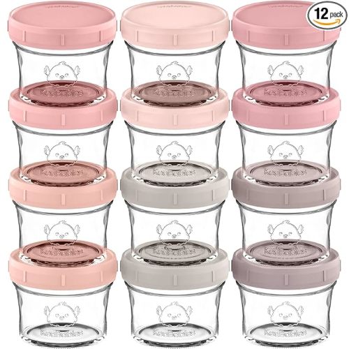 KeaBabies 12pk 4oz Glass Baby Food Containers with Lids - Leak-Proof, Microwavable Small Glass Jars, Baby Purees & Toddler Snack Storage Containers, BPA-Free, Dishwasher & Freezer Safe (Roseate)