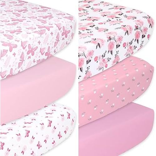 The Peanutshell Pink Butterfly and Floral Fitted Crib Sheets for Girls, 6 Pack