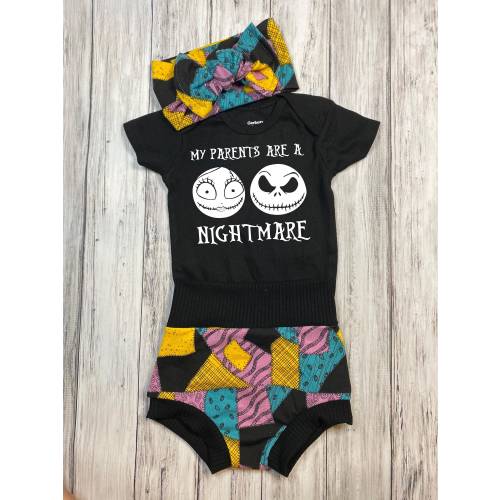 My parents are a nightmare, baby toddler patchwork sally bummies bow and bodysuit set