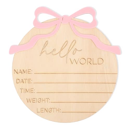 Hello World Bow Wooden Baby Announcement Sign - Baby Girl Birth Announcement,Personalized Baby Name Sign,Bow Birth Stats Sign Newborn Photo Prop,Welcome To The World Sign