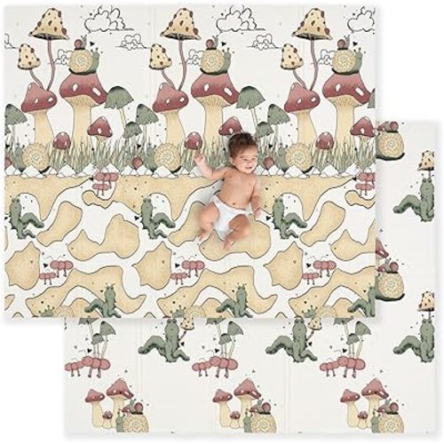 JumpOff Jo Baby Play Mat - Large Folding Foam Play Mat for Infants, Babies, Toddlers, Waterproof, Double-Sided (70" x 59") - Mushroom Garden