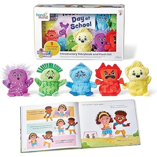 hand2mind Feelings Family Introductory Storybook and Plush Set, Toddler Emotions Book, Social Emotional Learning Activities, Play Therapy Toys, Preschool Books 3-5, Calm Down Corner Supplies