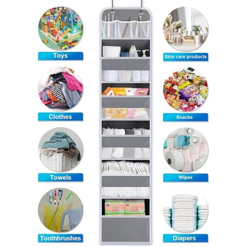 Over the Door Organizer Storage - 6 Shelf Hanging Storage Door Organizer with 8 Large Capacity Pockets, Anti Tilt Behind Door Organizer for Pantry,Nursery,Bathroom,Bedroom,Kitchen,Dorm,Camper,1 Pack