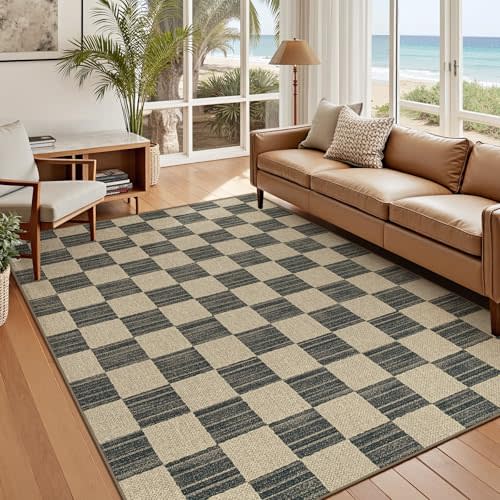 Easy Jute Rug 5x7 Checkered Rugs: Washable Woven Area Rug Non Slip Non Shedding Indoor Outdoor Carpet for Living Room Bedroom Dining Room Farmhouse Patio (5'x7' Black Checkerboard)
