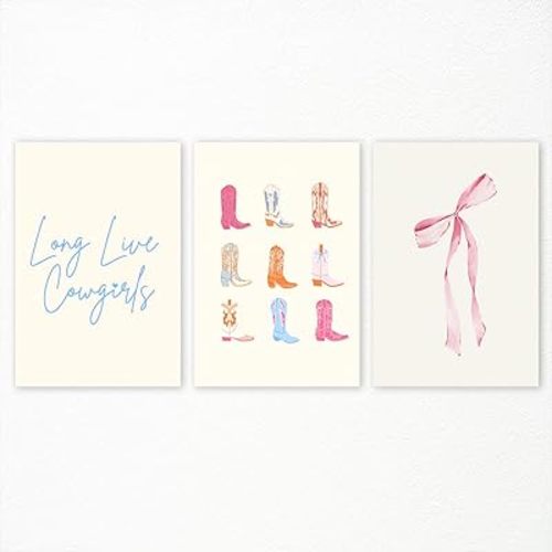 Long Live Cowgirls Canvas Wall Art, Pink Bow Coquette Poster, Set of 3 Coastal Cowgirls Wall Art, Blue Yellow and Pink Cowgirl Boots Painting, Preppy Girly Dorm Apartment Print 12x16in Unframed
