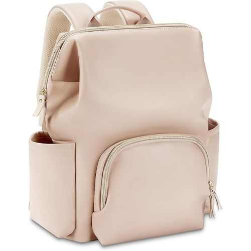 Faux Leather Diaper Bag Backpack with Waterproof Pockets,Stroller Buckle and Changing Pad - 35L Large Diaper Bags Mommy Bag for Boy and Girl - pañaleras para bebe (Apricot)