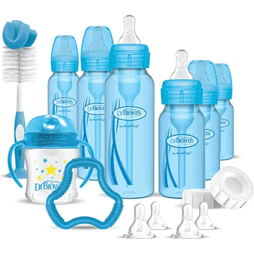 Dr. Brown's Natural Flow Anti-Colic Options+ Special Edition Blue Baby Bottle Gift Set with Soft Sippy Spout Transition Cup, Flexees Teether, Bottle Cleaning Brush and Travel Caps