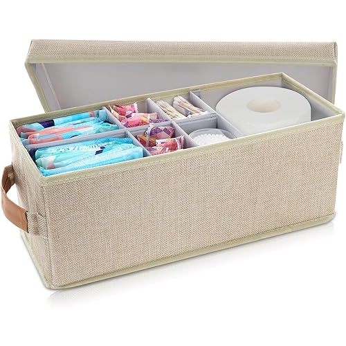 Bathroom Storage Containers with Lid, Adjustable Divider Feminine Product Organizer, Bathroom Accessories Decor Boxes (Beige, 1-Pack)