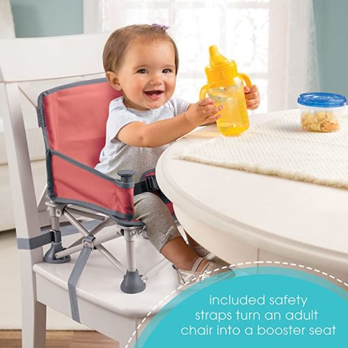 Summer by Bright Starts Pop 'N Sit Portable Booster Chair, Floor Seat, Indoor/Outdoor Use, Compact Fold, Coral, 6 Mos - 3 Yrs - Coral & Gray