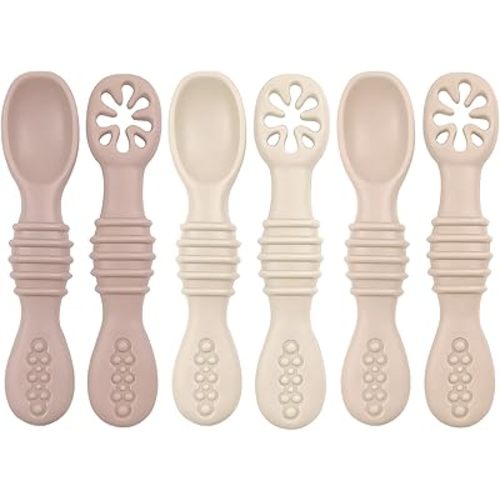 Baby Bliss 6 Pack Baby Spoons Self Feeding 6 Months +, Canadian Mom Owned Brand, Silicone Baby Feeding Spoons, Toddler Infant Baby Led Weaning Spoon, BPA Free (Caramel, Cream, Almond)