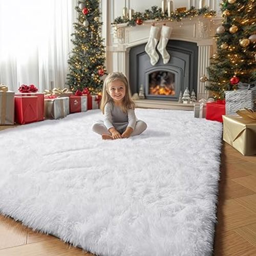 White Area Rugs for Bedroom Living Room, Fluffy Shag Rug 5x7 for Kids Room Decor, Modern Furry Plush Rugs for Baby Nursery, Teen Girls Boys, Cute Fuzzy White Fur Carpet for Dorm, Home Office, Playroom