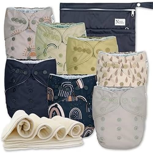 Nora's Nursery Cloth Diapers 7 Pack with 7 Inserts & 1 Wet Bag - Waterproof Cover, Washable, Reusable & One Size Adjustable Pocket Diapers for Newborns and Toddlers - Sunshine & Rainbows