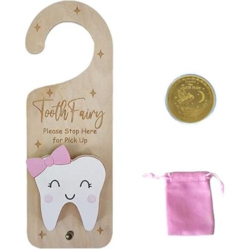 Tooth Fairy Door Hanger, Wooden Tooth Fairy Money Holder with Tooth Coins for Lost Tooth Kids Gifts (Pink)