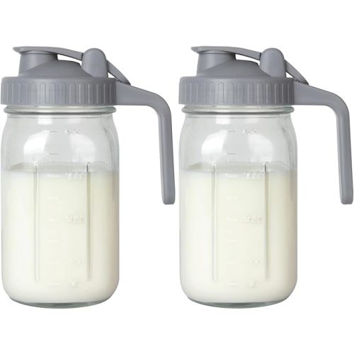 2PACK Breast Milk Pitcher 32oz Glass Pitcher with Lid, Leakproof Drip-Free Spout, Breastmilk Storage Pitcher for Fridge