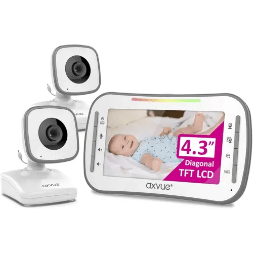 Axvue Video Baby Monitor, Comfortable Slim Design Handheld Enclosure, 4.3" Screen Monitor & 2 Camera, Range up to 1000ft, 12 Hour Battery Life, 2-Way Talk, Night Vision, Temperature Monitor, No WiFi.
