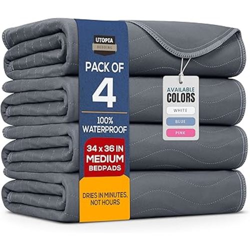 Utopia Bedding Washable Underpads 34" x 36" (Pack of 4), Waterproof Reusable Heavy Absorbency Incontinence Bed Pads for Adults, Kids, Elderly and Pets, Bedwetting Pads for Sofa and Couch (Grey)