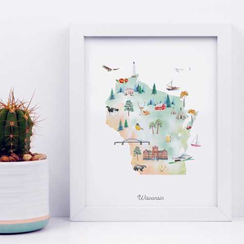 Wisconsin Illustrated State Map, wall art print, nursery decor, nursery wall art, state map poster, USA travel map, kids room, map print