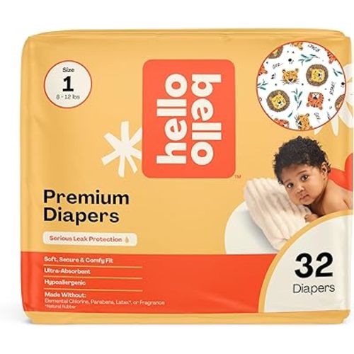 Hello Bello Diapers, Size 1 (8-12 lbs) Wild Cats, 32 Count of Premium Disposable Baby Diapers, Hypoallergenic with Soft, Cloth-Like Feel