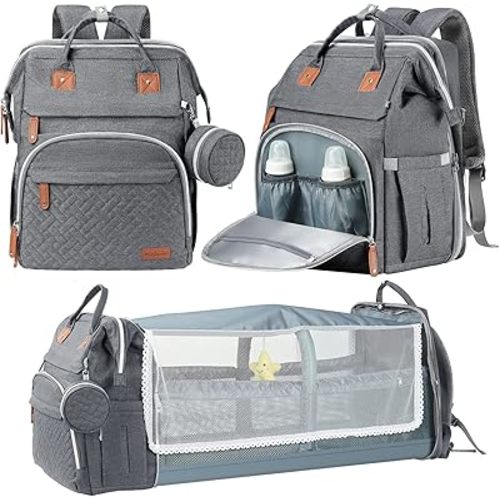 DERJUNSTAR Baby Diaper Bag Backpack, Diaper Changing Station, Baby Bags for Boys Girls, USB Charging Port,Pacifier Case, Sunshade and Toy Bar, Pale Grey