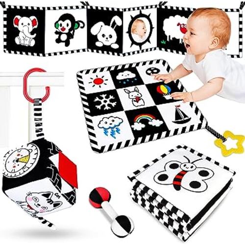 4 Pcs Baby Toys 0-3 Months Black and White High Contrast Newborn Toys - Tummy Time Toys Montessori Toys for Babies 0 3 6 9 Months - Infant Sensory Soft Book Toys for Babies Girls Boys Baby Gifts