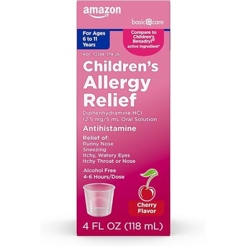Amazon Basic Care Children's Allergy Relief Oral Solution, Diphenhydramine HCl Antihistamine, Cherry Flavor, 4 fl oz (Pack of 1)