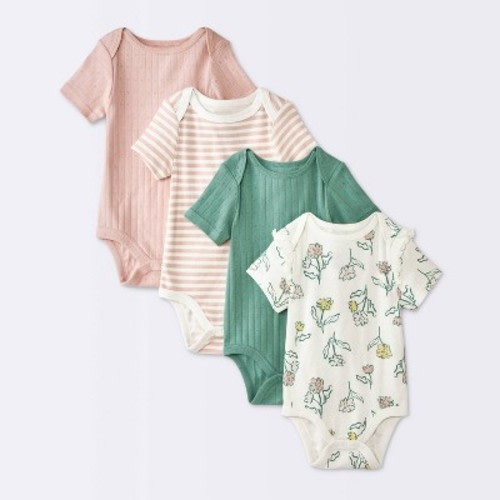 Baby Girls' 4pk Floral Short Sleeve Pointelle Bodysuit - Cloud Island™ Cream 3-6M