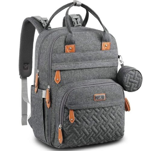 BabbleRoo Diaper Bag Backpack - Multi function Waterproof Diaper Bag, Travel Essentials Baby Tote with Changing Pad, Stroller Straps & Pacifier Case - Unisex, Dark Gray - Polyester