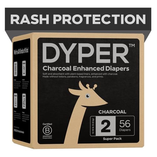 DYPER - Charcoal Enhanced Day & Overnight Disposable Baby Diapers - Made with Plant-Based* & Honest Ingredients, Hypoallergenic for Sensitive Skin - Size 2, (56 Count)
